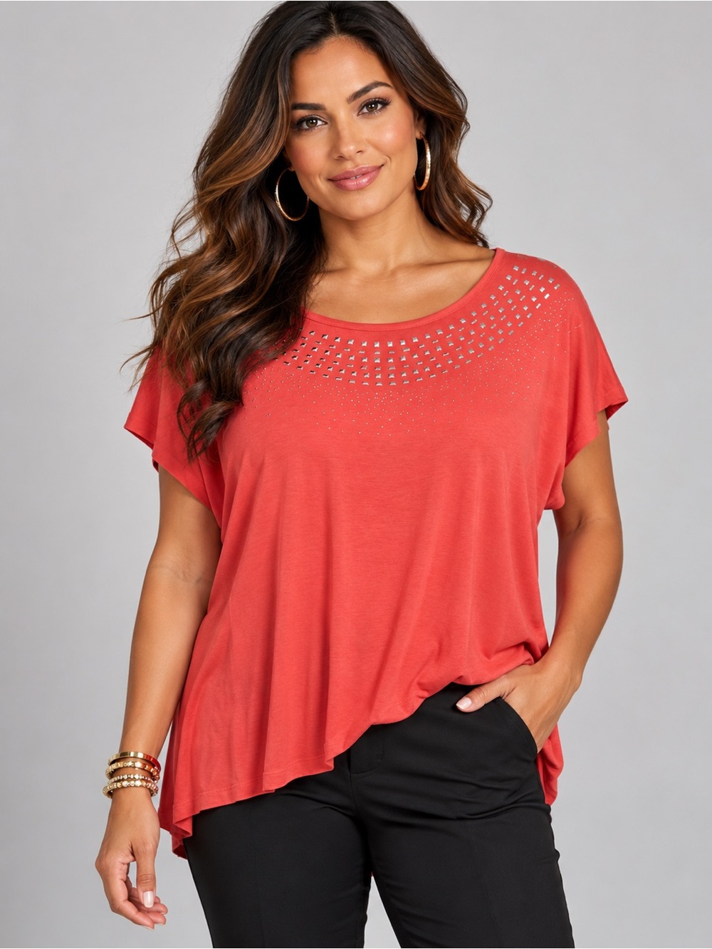 Design History Coral Studded Neckline Blouse Size M Flowy Layered Hem Top